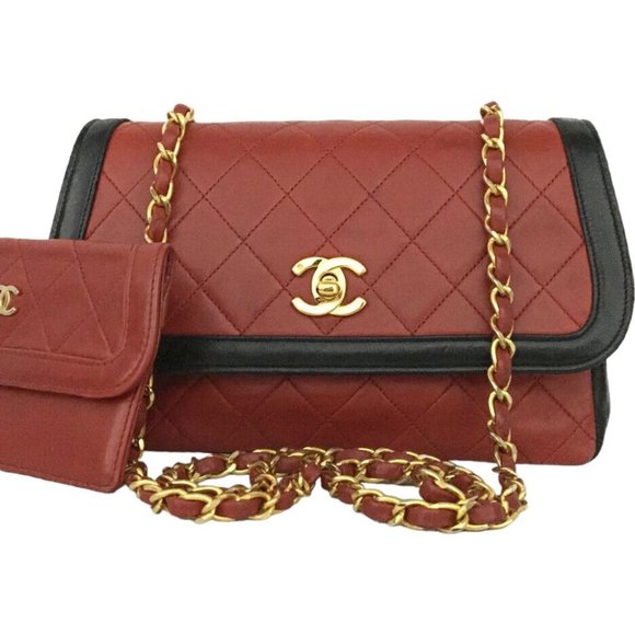 9001961R Chanel Shoulder Bag Chain Quilted Matelasse CC Red Lambskin - Picture 1 of 14